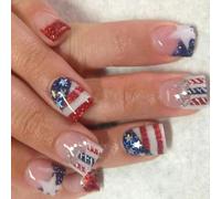 Patriotic Short Square False Nails French Tip Press On Full Covers Fake Independence Day Glues On Artificial False Nail