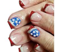 Patriotic Short Square False Nails French Tip Press On Full Covers Fake Independence Day Glues On Artificial False Nail