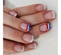 Patriotic Short Square False Nails French Tip Press on Full Covers Fake Independence Day Glues on Glues on