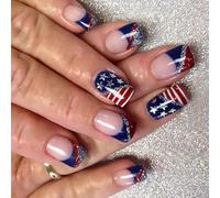 Patriotic Short Square False Nails French Tip Press on Full Covers Fake Independence Day Glues on Glues on Nails