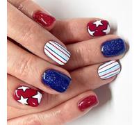 Patriotic Short Square False Nails French Tip Press On Full Covers Fake Independence Day Glues On Glues On Nail