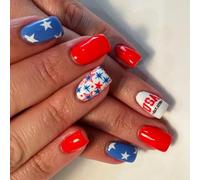 Patriotic Short Square False Nails French Tip Press On Full Covers Fake Independence Day Glues On Independence Day French Tip Press On Nail