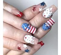 Patriotic Short Square False Nails French Tip Press On Nails Full Covers Fake Independence Day Glues On Glues Nail
