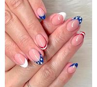 Patriotic Short Square False Nails French Tip Press On Nails Full Covers Fake Independence Day Glues On Artificial False Nail