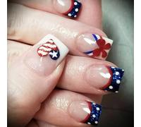 Patriotic Short Square False Nails French Tip Press On Nails Full Covers Fake Independence Day Glues On Artificial False Nail