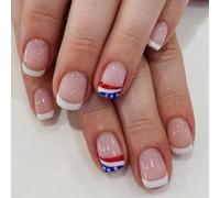 Patriotic Short Square False Nails French Tip Press On Nails Full Covers Fake Independence Day Glues On Artificial False Nail
