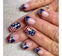 Patriotic Short Square False Nails French Tip Press On Nails Full Covers Fake Nails Independence Day Glues On Nails