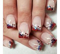 Patriotic Short Square False Nails French Tip Press On Nails Full Covers Fake Nails Independence Day Glues On Nails