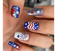 Patriotic Short Square False Nails French Tip Press On Nails Full Covers Fake Nails Independence Day Glues On Nails