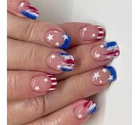 Patriotic Short Square False Nails French Tip Press On Nails Full Covers Fake Nails Independence Day Glues On Nails