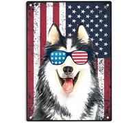 Patriotic Siberian Husky Dog American Flag Sign Metal Tin Signs, Siberian Husky Dog Poster for Home Office Bedroom Cafes Bars Pub Man Cave Wall Decor Poster Sign 12x8 Inch