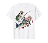 Patriotic Skeleton Angler Catching USA Flag Fish Value Graphic T-Shirt, Men, White, M
