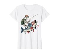 Patriotic Skeleton Angler Catching USA Flag Fish Value Graphic T-Shirt, Women, White, M