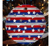 Patriotic Stars Strips Independence Day Ceramic Christmas Ornaments - 2 Pcs Rustic Round Xma Tree Decor with Hanging String, Personalized Vintage Double-Sided Holiday Party Decorations for Xmas Gifts