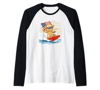 Patriotic Surfing Teddy Bear with American Pride Costume Raglan Baseball Tee