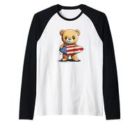 Patriotic Teddy Bear Surfing in Style with American Flag Raglan Baseball Tee