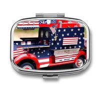 Patriotic Truck Pill Box 2 Compartment, Portable Pill Case with Mirror for Pocket Purse Travel, Mini Metal Medicine Organizer for Vitamins Fish Oil