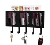 Patriotic U.S.A Flag Breast Cancer Awareness Leather Key Holder with 5 Hooks Decorative Wall Mounted Keys Organizer Rack for Hallway Entryway
