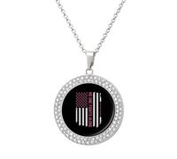 Patriotic U.S.A Flag Breast Cancer Awareness Multicolored Diamond Necklaces Jewelry Brilliant Circle Pendant Necklace Gift for Women