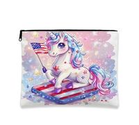Patriotic Unicorn Cosmetic Bag, Small Portable Zipper Pouch for Travel, Cute Pastel Fantasy Makeup Organizer, Fourth of July Gift Idea, Pastel, 7x9 Inch, Unicorn