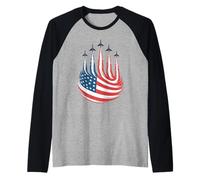 Patriotic USA Flag Fighter Jets Men Boys 4th of July Raglan Baseball Tee