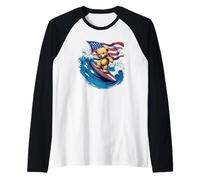 Patriotic Vibes with Teddy Bear on American Surfboard Raglan Baseball Tee