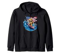 Patriotic Vibes with Teddy Bear on American Surfboard Zip Hoodie