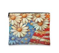 Patriotic Zipper Pouch, Stars and Stripes Daisies for Women Small Portable Canvas Makeup Bag Summer Festival Gift Organizer, Multicolored, 7x9 Inch, Daisy