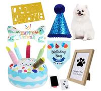 PATTEPOINT Dog Birthday Toy Set & Decorations for Dogs, Includes Squeaky Cake Toy, Plush Bones, Birthday Hats, Bandana, Paw Print Kit & Photo Frame. Dog Birthday Gift Supplies, Blue