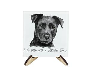 Patterdale Terrier Coaster Set - Life's Better With a Dog Gift - Square Glass Set of Four (4) Coasters & Wood-Effect Stand