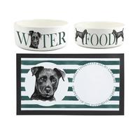 Patterdale Terrier Pet Bowls & Mat Set - Painted Dog Portraits by Rhiannon Chauncey - White Ceramic Food & Water Dishes and Non-Slip Rubber Mat For Dogs (Set of 3)