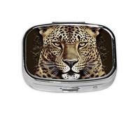 Patterned Leopard Head Print Pill Box Square Pill Case 2 Compartment Small Metal Medicine Organizer Portable Travel Pillbox for Pocket Purse Cute Mini Pill Container to Hold Daily Vitamins