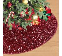 PATYDEST 36 Inch Christmas Tree Skirt Burgundy Christmas Ornaments Glitter Embroidery Sequin Christmas Tree Collar Maroon Velvet Christmas Tree Rug Outdoor Round Xmas Tree Mats Halloween Decorations