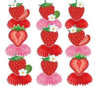 Pau1Hami1ton 9 PCS Strawberry Theme Honeycomb Table Centerpieces Decorations,Cake Table or Room Decor - Easy to Assemble& Reusable（Strawberry）