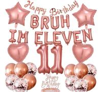 PAUBLLON 11th Birthday Decoration Balloon Set - 32 Pcs Rose Gold Bruh I'M 11 Letter Banners Star Foil Balloons Latex Confetti Balloons Cake Topper for 11 Years Old Birthday Party Supplies (Rose Gold)