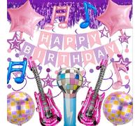 PAUBLLON Disco Birthday Party decorations-Pop Music Party Balloons Inflatable Rock Star Guitar Props, Happy Birthday Banner for 70s 80s 90s theme Birthday Party, Hip Hop & Retro Party (Pink Purple)