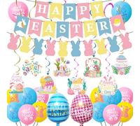 PAUBLLON Easter Decorations Happy Easter Bunting - Hanging Banner Ceiling Swirl Decorations, Easter Egg Foil Balloons, Bunny Foil Hanging Pendant for Home Party Decor Supplies Spring Decorations (A)