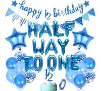 PAUBLLON Half Way to One Decorations Kit - 32PCS 6 Months Birthday Party Supplies for 1/2 Birthday Boy, Includes Triangle Banner, Balloons & Cake Toppers, Blue Theme Baby Shower Decor (Blue)