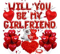 PAUBLLON Will You Be My Girlfriend Balloons-Valentine's Day decorations With 1000Pcs Artificial Rose Petals Romantic Teddy Bear and Red Love Heart Foil Latex Balloons for Confession Proposal Supplies