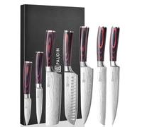 PAUDIN Kitchen Knives Set, Japanese High Carbon Steel with Pakkawood Handle | German steel stays sharp. 7 pcs for meat, fish, veg, fruit. Ergonomic handles. Ideal gift for families & home chefs
