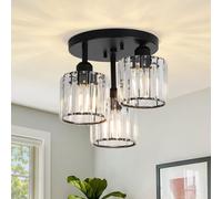 PAUFUL Crystal Semi Flush Mount Ceiling Light,3-Light Modern Close to Ceiling Light Fixtures,Black Kitchen Light Fixtures with Clear Crystal Shade,Hallway Light Fixtures for Hallway Bedroom Bathroom