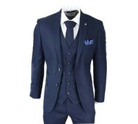 Paul Andrew Arthur - Men's Navy Blue 3 Piece Suit Birdseye Suit Wedding Prom Formal Classic - 40" Jacket 34" Trousers