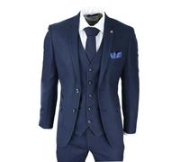 Paul Andrew Arthur - Men's Navy Blue 3 Piece Suit Birdseye Suit Wedding Prom Formal Classic - 52" Jacket 46" Trousers