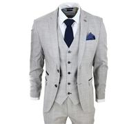 Paul Andrew Hugo - Men's Light Grey 3 Piece Suit Navy Blue Check Velvet Trims Wedding Classic - 44" Jacket 38" Trousers