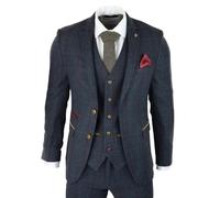 Paul Andrew Madrid - Men's Herringbone Tweed 3 Piece Navy Red Check Suit 1920s - 50" Jacket 44" Trousers