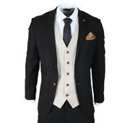 Paul Andrew Mayfair - Men's 3 Piece Black Suit With Cream Waistcoat - 36" Jacket 30" Trousers