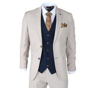 Paul Andrew Mayfair - Men's 3 Piece Cream Suit With Navy Waistcoat - 38" Jacket 32" Trousers