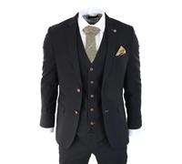 Paul Andrew Mayfair - Men's Black 3 piece Suit Brown Trim Classic Birdseye Wedding Grooms - 34" Jacket 28" Trousers