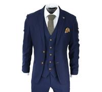 Paul Andrew Mayfair - Men's Navy 3 piece Suit Brown Trim Classic Birdseye Wedding Grooms - 52" Jacket 46" Trousers