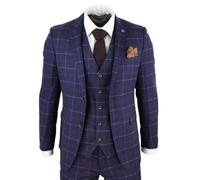 Paul Andrew Mens 3 Piece Navy Blue Wool Check Retro Suit - Navy - 48" Jacket 42" Trousers